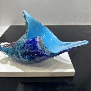 Art Glass Conch Shell Sculpture Ocean Handblown Blue 10.5" Diamond Star